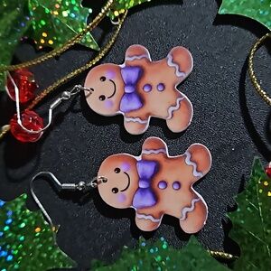 Holiday 🎁 Gingerbread Person Wearing a Purple Bowtie Hook Style Earrings NWT